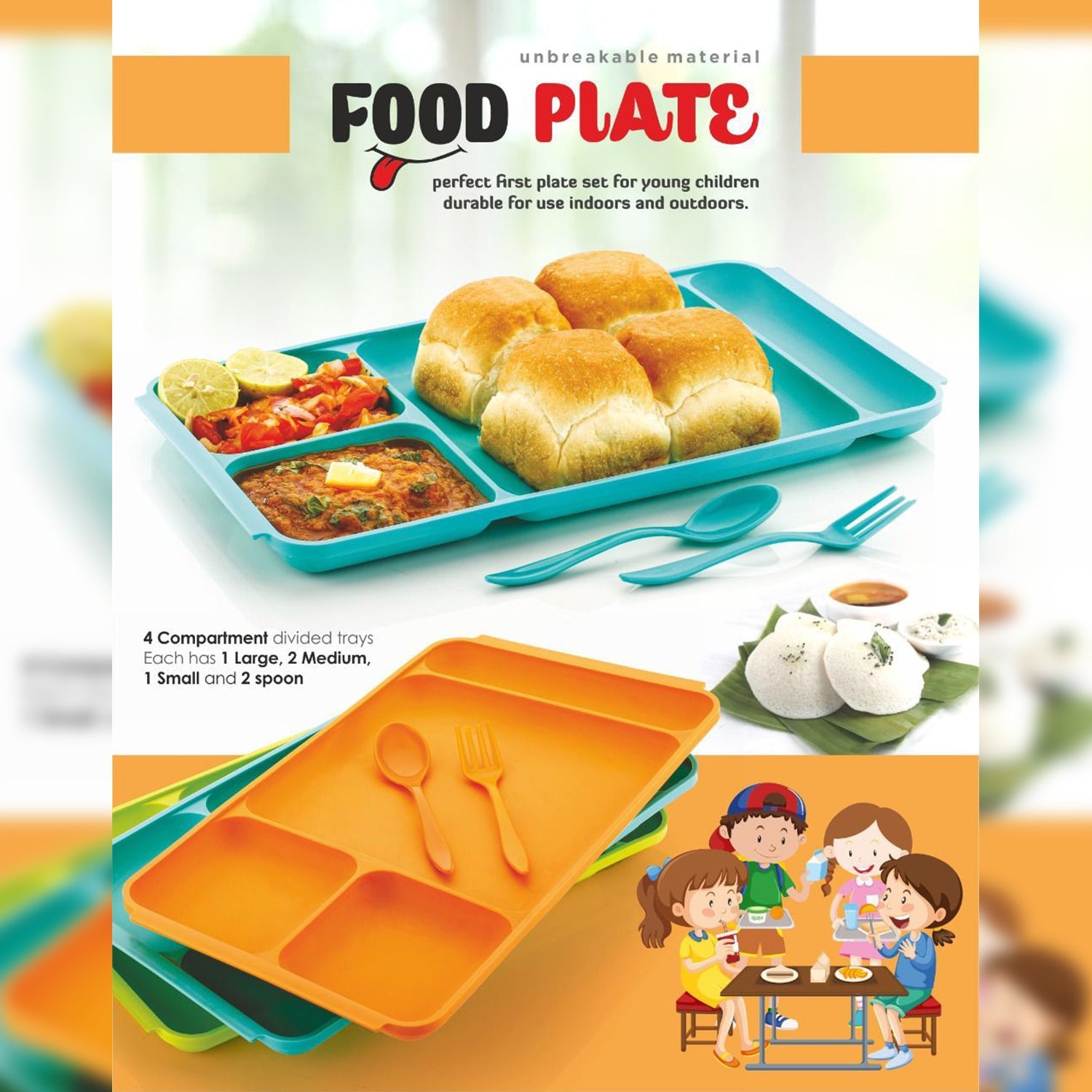 2037 4Compartment Dish with Spoon and Fork(2 Dish Set with 1Spoon and 1Fork) Dinner Plate Plastic Compartment Plate Pav Bhaji Plate 4-Compartments Divided Plastic Food Plate. DeoDap 2037 4Compartment Dish with Spoon and Fork(2 Dish Set with 1Spoon and 1Fork) Dinner Plate Plastic Compartment Plate Pav Bhaji Plate 4-Compartments Divided Plastic Food Plate. DeoDap